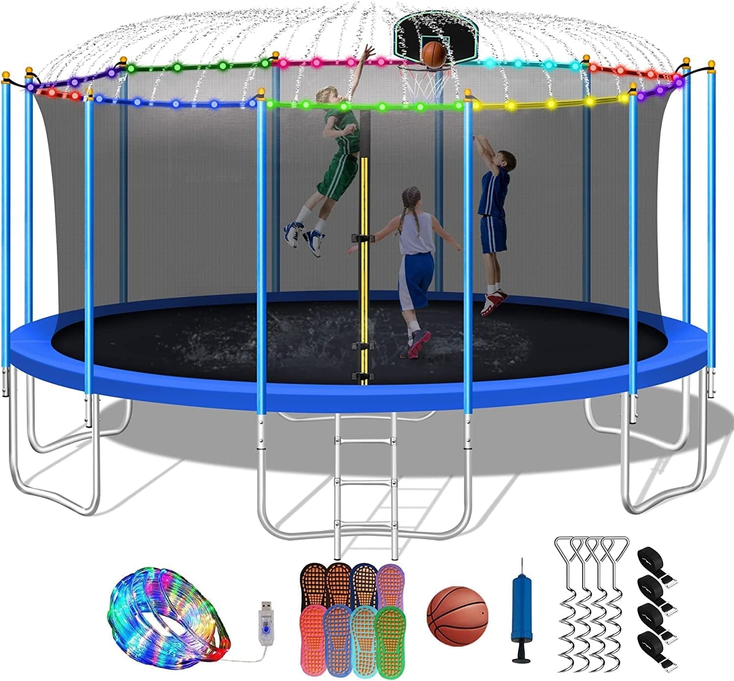 1500LBS 16 FT Tranpoline for Adults Kids, Tranpoline with Lights, Sprinkler, Socks, Enclosure Net, Basketball Hoo, 4 Anchors & Ladder, Heavy-Duty Outdoor Backyard Tranpoline