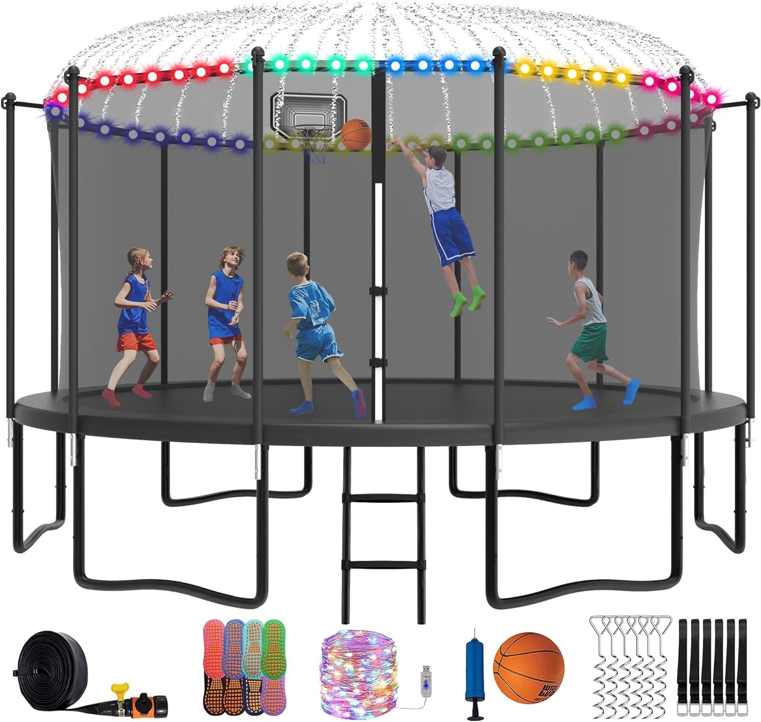 Tranpoline 16FT 15FT 14FT 12FT 10FT 8FT Tranpoline for Kids and Adults 1500LBS Tranpoline with Basketball Hoop, Enclosure Net, Outdoor Recreational Tranpolines with Light, Sprinkler, Socks