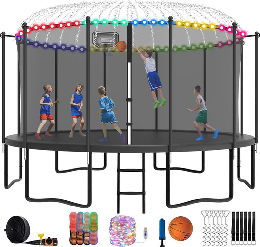 Tranpoline 16FT 15FT 14FT 12FT 10FT 8FT Tranpoline for Kids and Adults 1500LBS Tranpoline with Basketball Hoop, Enclosure Net, Outdoor Recreational Tranpolines with Light, Sprinkler, Socks