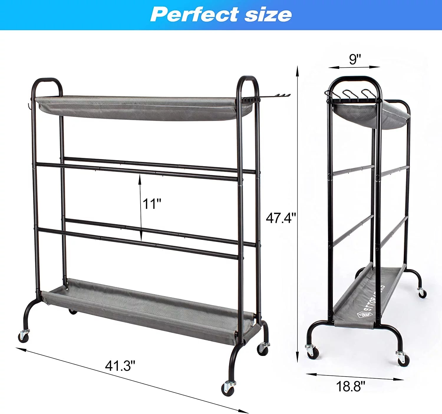 Basketball Rack, Garage Ball Storage Stand 4-Layer Ball Rack Rolling Balls Organizer with Baseball Bat Holder & Hooks Sport Equipment Storage Cart with Wheels for Football Volleyball Soccer