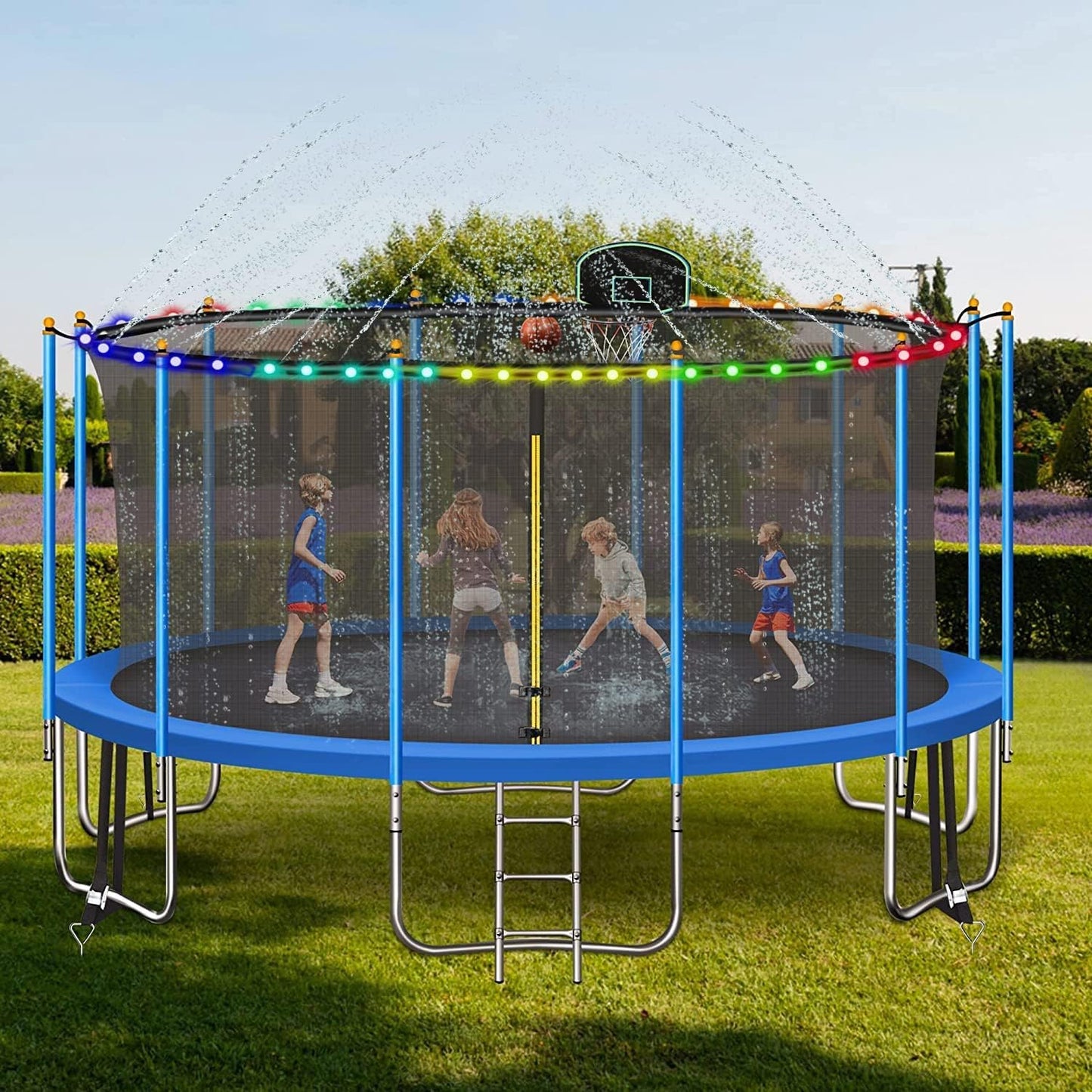 1500LBS 16 FT Tranpoline for Adults Kids, Tranpoline with Lights, Sprinkler, Socks, Enclosure Net, Basketball Hoo, 4 Anchors & Ladder, Heavy-Duty Outdoor Backyard Tranpoline