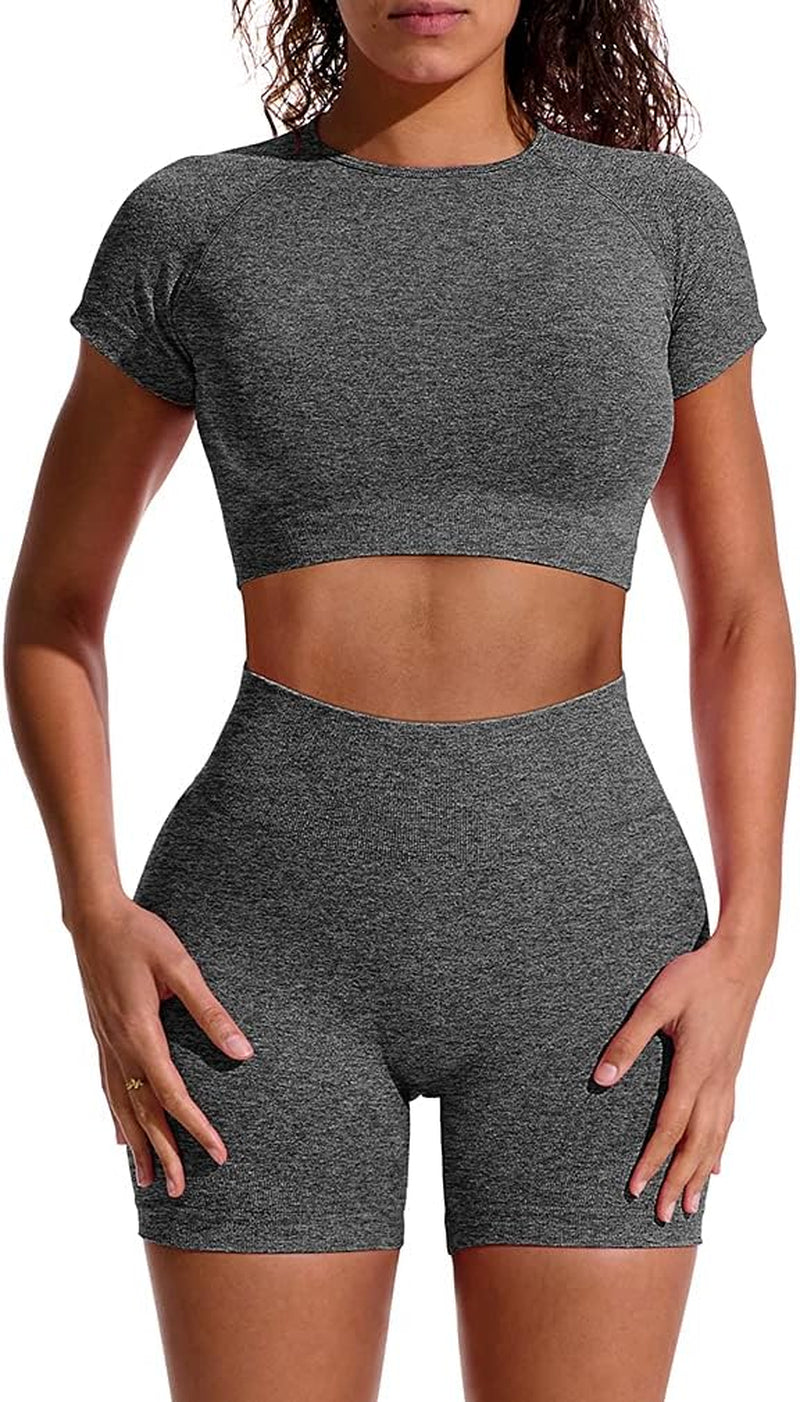 Women Workout 2 Piece Outfit Yoga Stretch Top Set High Waist Sport Shorts
