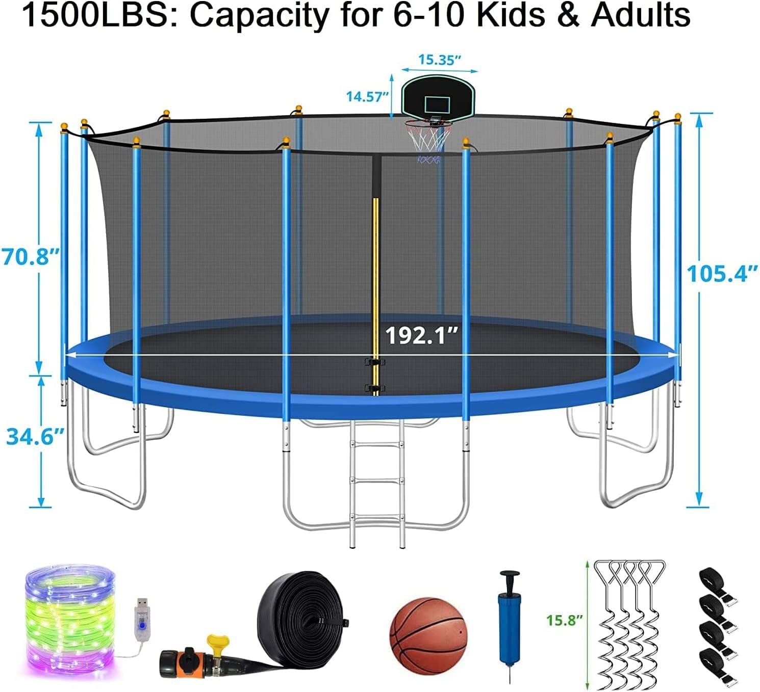 1500LBS 16 FT Tranpoline for Adults Kids, Tranpoline with Lights, Sprinkler, Socks, Enclosure Net, Basketball Hoo, 4 Anchors & Ladder, Heavy-Duty Outdoor Backyard Tranpoline