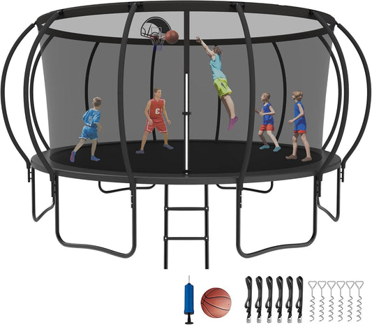 Tranpoline 16FT 15FT 14FT 12FT 10FT 8FT Tranpoline for Kids and Adults 1500LBS Recreational Tranpoline with Basketball Hoop, Enclosure Net, Heavy Duty Outdoor Pumpkin Tranpolines, ASTM Approved