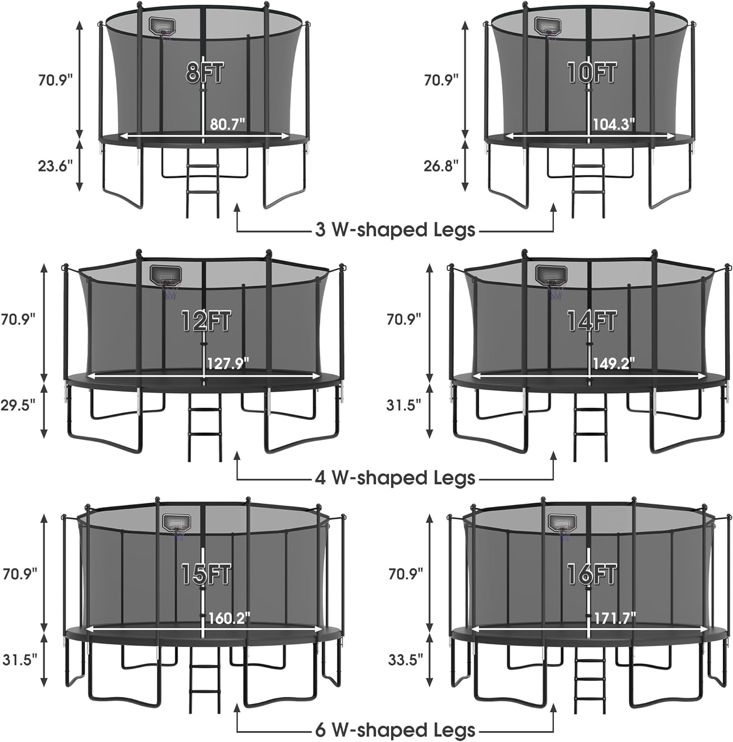 Tranpoline 16FT 15FT 14FT 12FT 10FT 8FT Tranpoline for Kids and Adults 1500LBS Tranpoline with Basketball Hoop, Enclosure Net, Outdoor Recreational Tranpolines with Light, Sprinkler, Socks