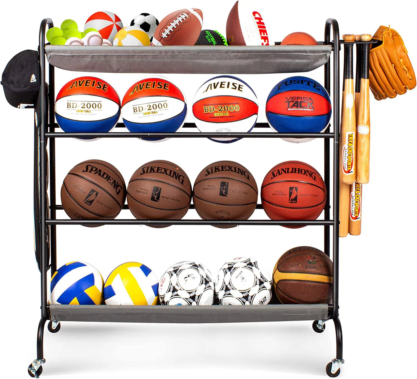 Basketball Rack, Garage Ball Storage Stand 4-Layer Ball Rack Rolling Balls Organizer with Baseball Bat Holder & Hooks Sport Equipment Storage Cart with Wheels for Football Volleyball Soccer
