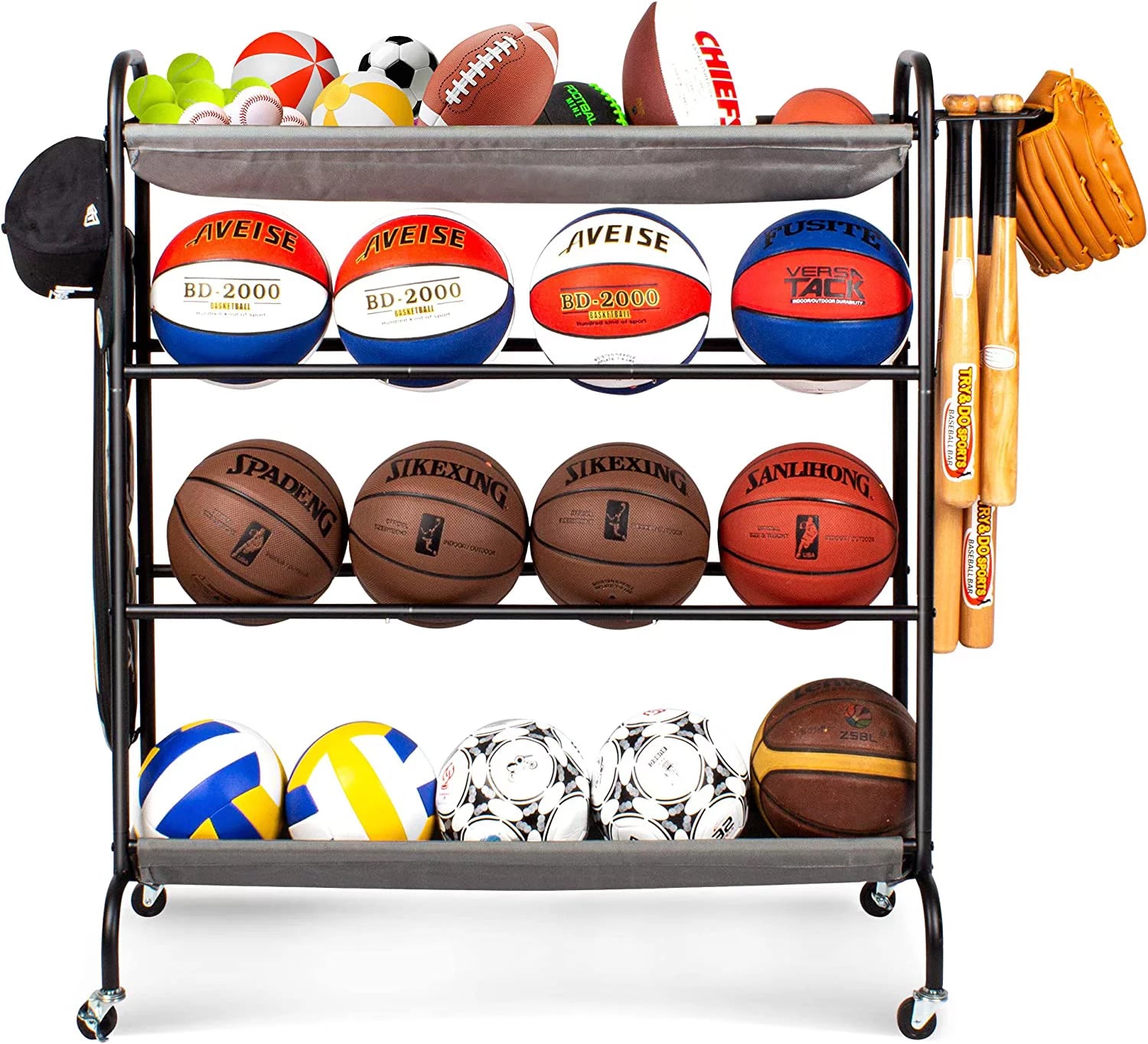 Basketball Rack, Garage Ball Storage Stand 4-Layer Ball Rack Rolling Balls Organizer with Baseball Bat Holder & Hooks Sport Equipment Storage Cart with Wheels for Football Volleyball Soccer