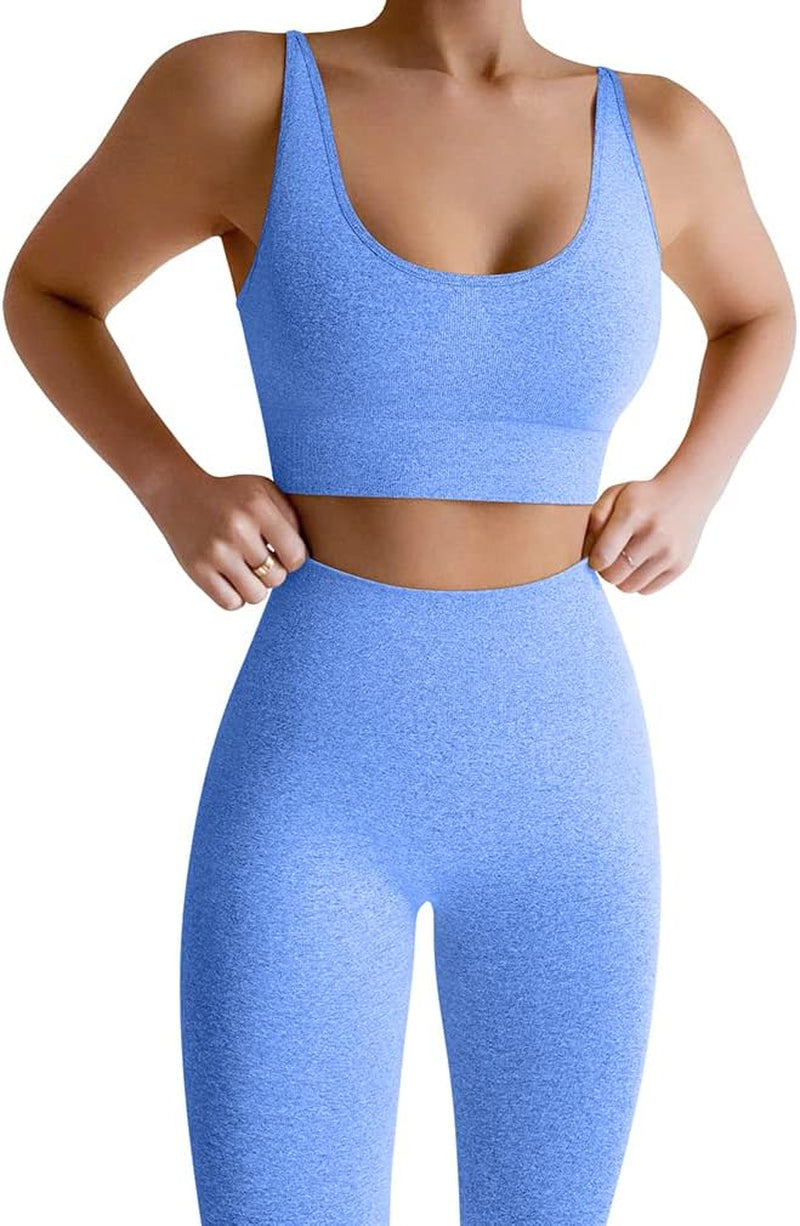 Women Workout 2 Piece Outfit Seamless Yoga Bra Set High Waist Sport Leggings Blue