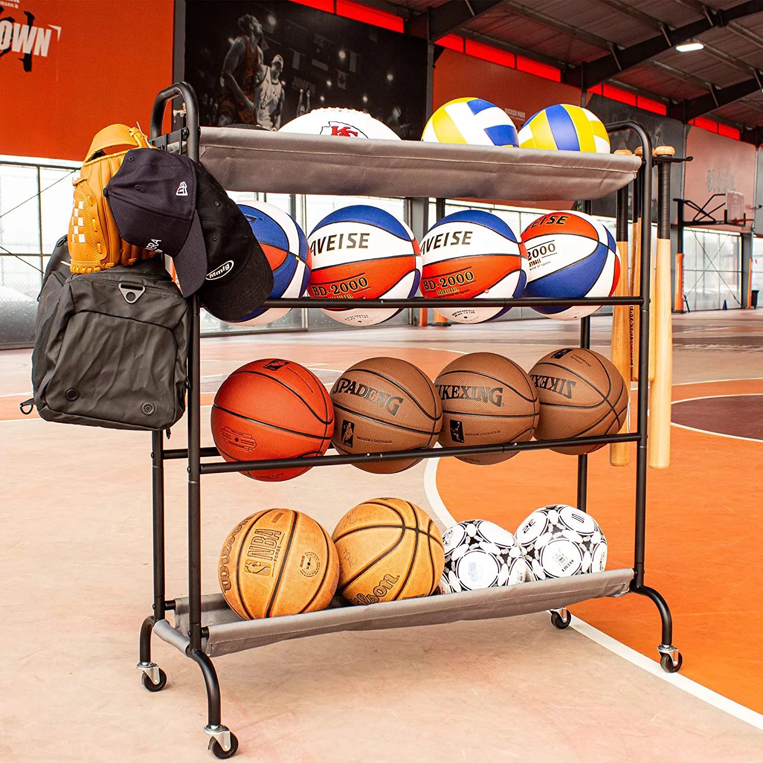 Basketball Rack, Garage Ball Storage Stand 4-Layer Ball Rack Rolling Balls Organizer with Baseball Bat Holder & Hooks Sport Equipment Storage Cart with Wheels for Football Volleyball Soccer