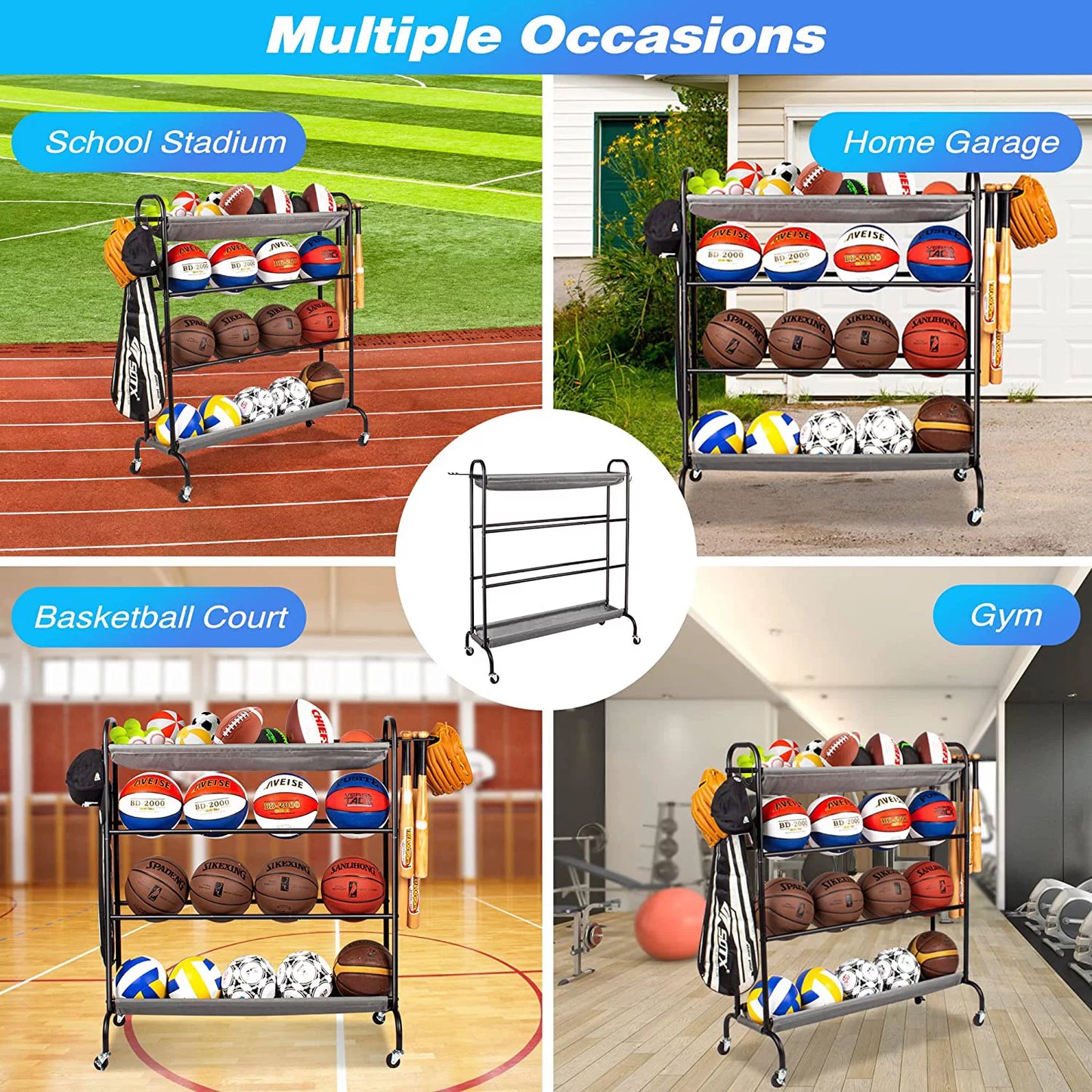Basketball Rack, Garage Ball Storage Stand 4-Layer Ball Rack Rolling Balls Organizer with Baseball Bat Holder & Hooks Sport Equipment Storage Cart with Wheels for Football Volleyball Soccer