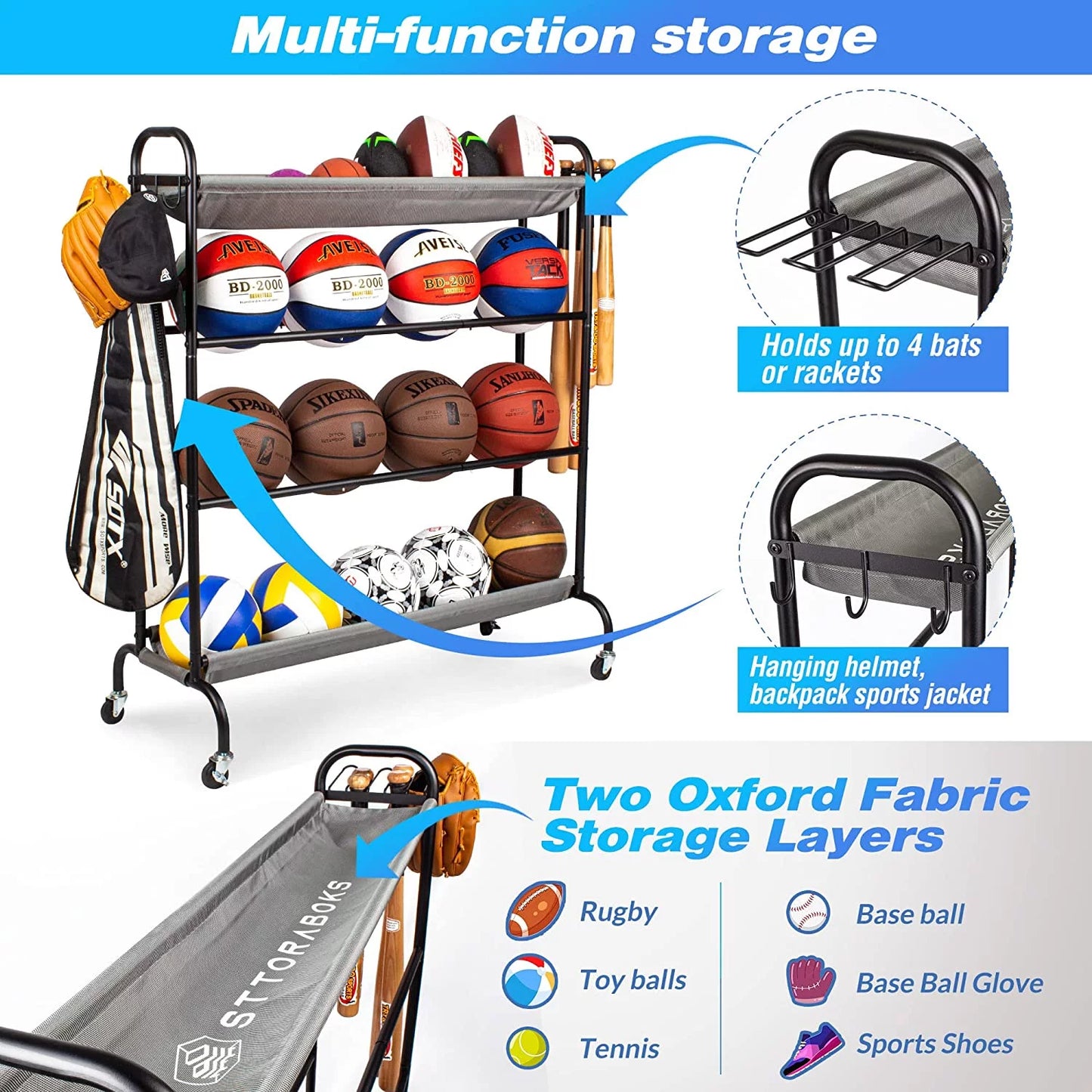 Basketball Rack, Garage Ball Storage Stand 4-Layer Ball Rack Rolling Balls Organizer with Baseball Bat Holder & Hooks Sport Equipment Storage Cart with Wheels for Football Volleyball Soccer
