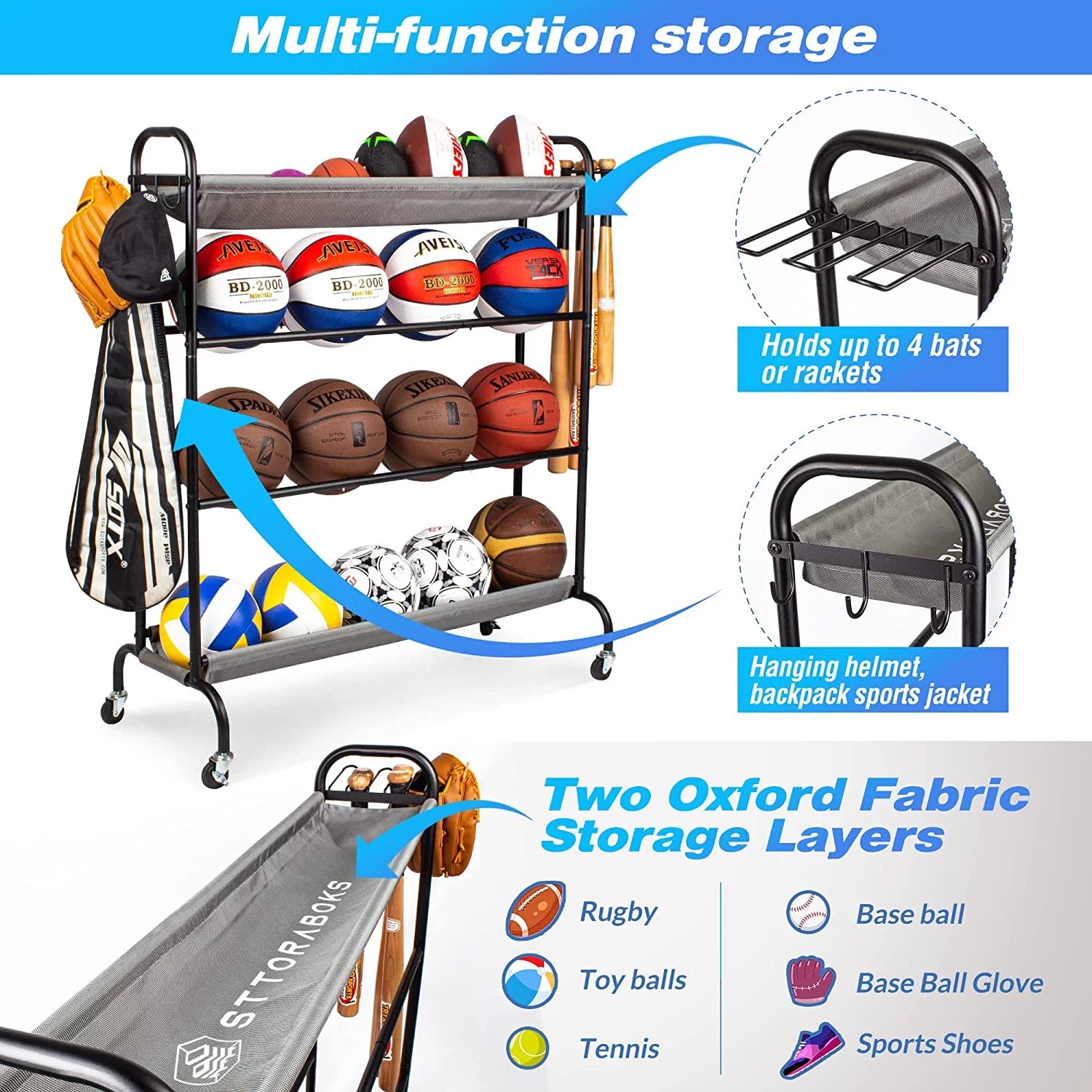 Basketball Rack, Garage Ball Storage Stand 4-Layer Ball Rack Rolling Balls Organizer with Baseball Bat Holder & Hooks Sport Equipment Storage Cart with Wheels for Football Volleyball Soccer