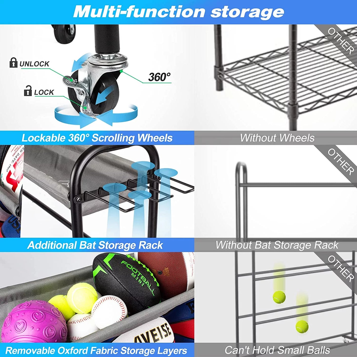 Basketball Rack, Garage Ball Storage Stand 4-Layer Ball Rack Rolling Balls Organizer with Baseball Bat Holder & Hooks Sport Equipment Storage Cart with Wheels for Football Volleyball Soccer