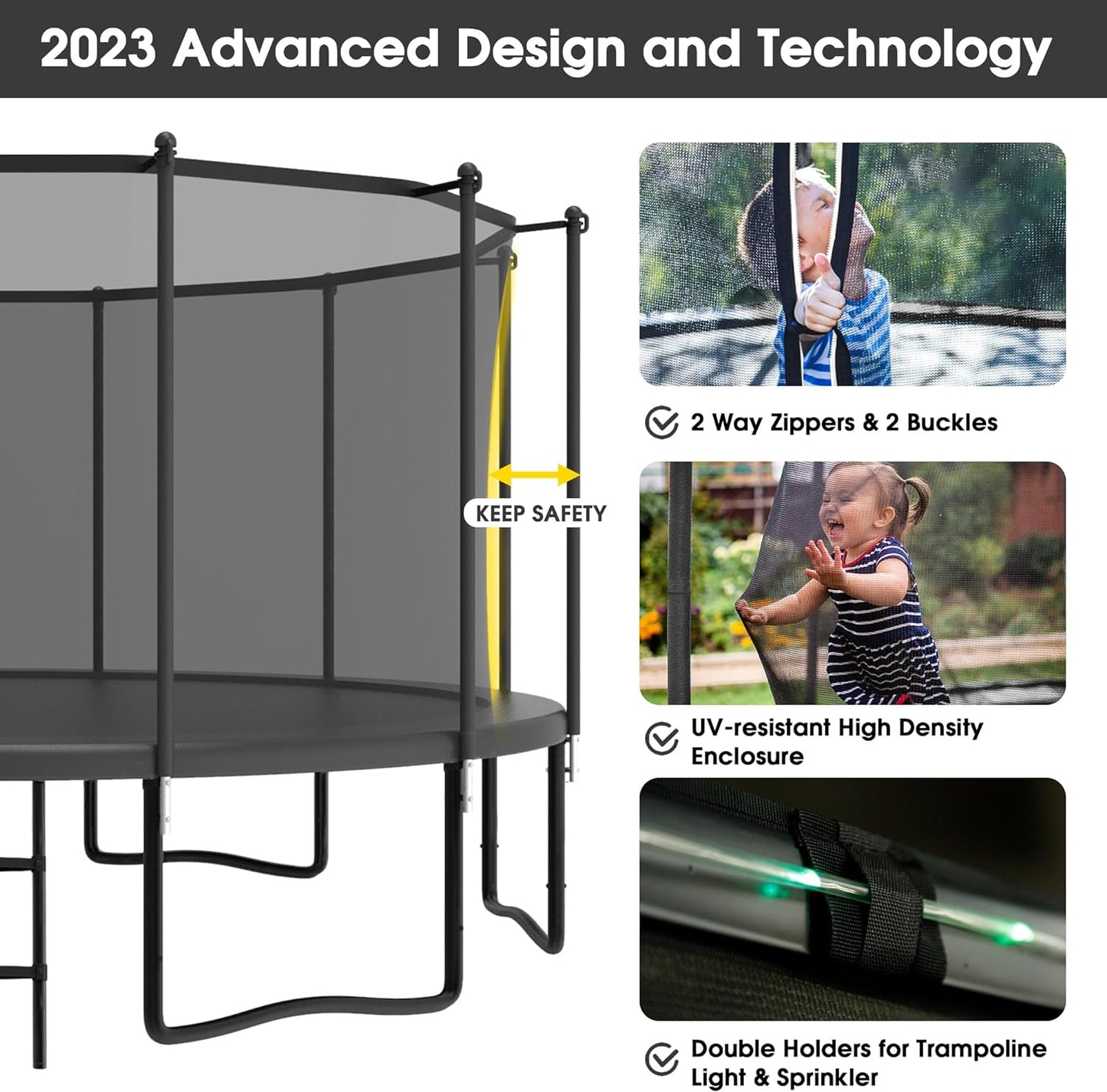 Tranpoline 16FT 15FT 14FT 12FT 10FT 8FT Tranpoline for Kids and Adults 1500LBS Tranpoline with Basketball Hoop, Enclosure Net, Outdoor Recreational Tranpolines with Light, Sprinkler, Socks