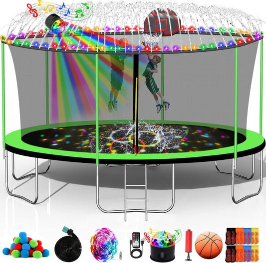1500 LBS 14 FT 16 FT Trampoline for Adults 7-10 Kids, Heavy Duty Outdoor Trampoline with Basketball Hoop, Sprinkler, Water Balls, Lights with Speaker, Enclosure Net, Sock - ASTM CPC CPSIA