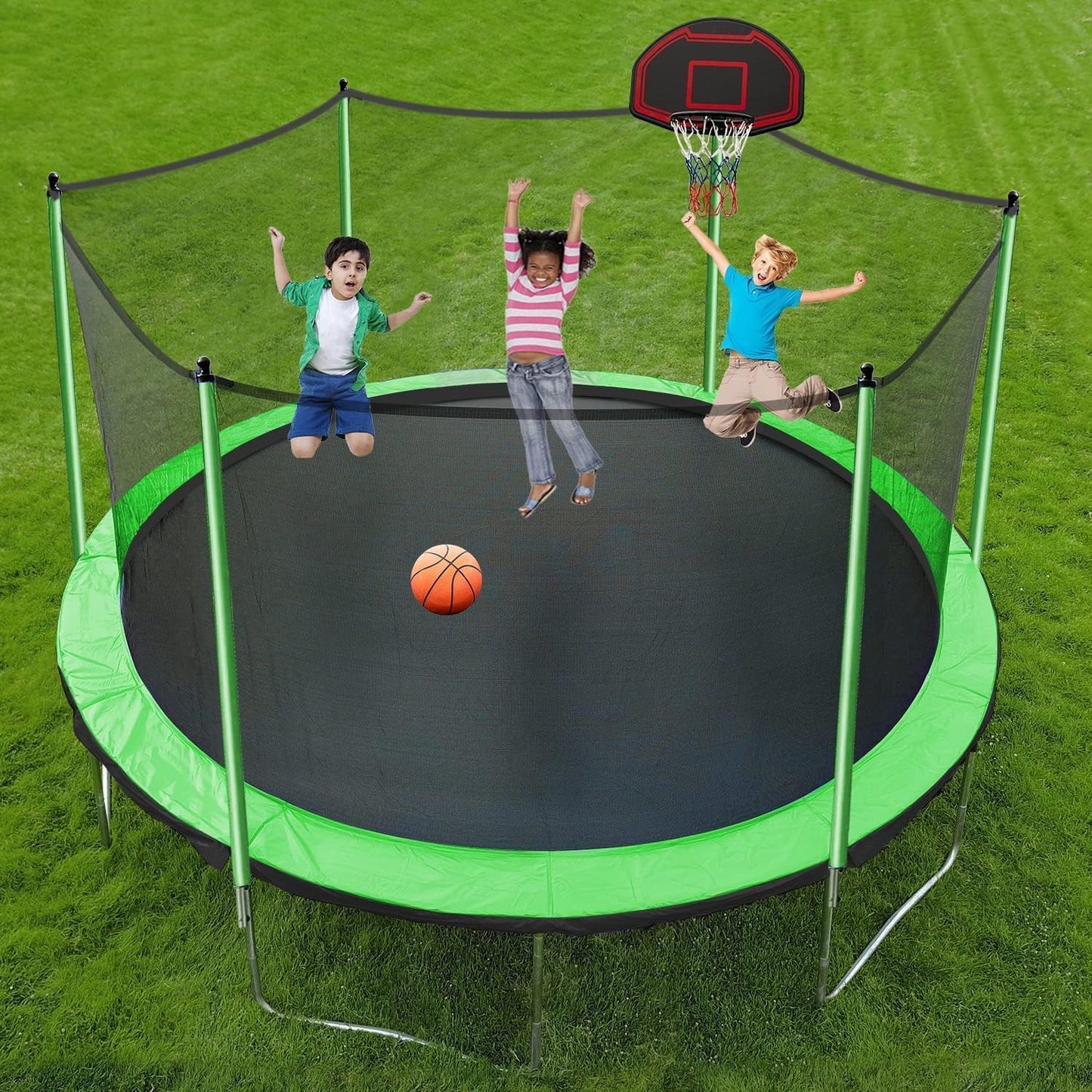 1500 LBS 14 FT 16 FT Trampoline for Adults 7-10 Kids, Heavy Duty Outdoor Trampoline with Basketball Hoop, Sprinkler, Water Balls, Lights with Speaker, Enclosure Net, Sock - ASTM CPC CPSIA