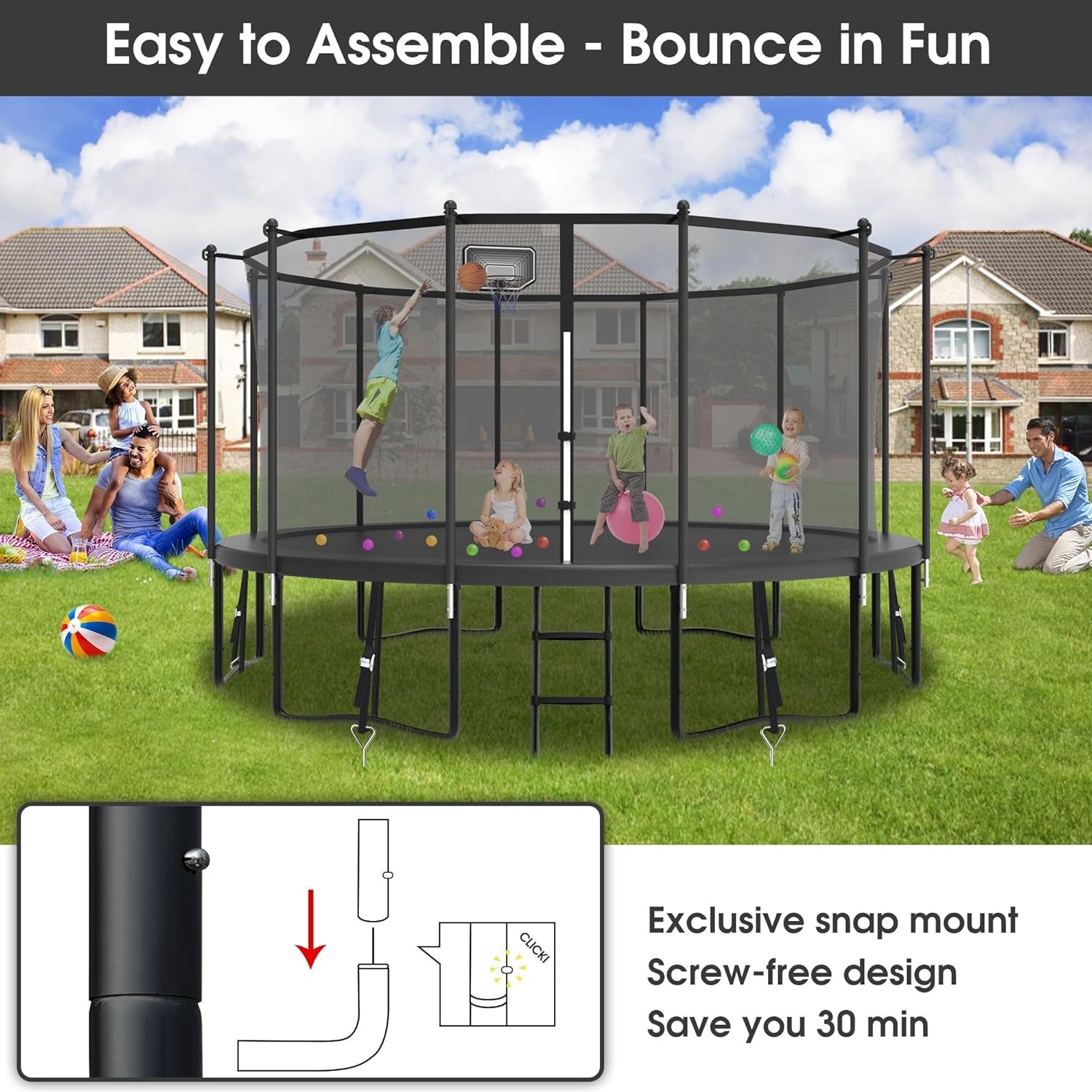 Tranpoline 16FT 15FT 14FT 12FT 10FT 8FT Tranpoline for Kids and Adults 1500LBS Tranpoline with Basketball Hoop, Enclosure Net, Outdoor Recreational Tranpolines with Light, Sprinkler, Socks
