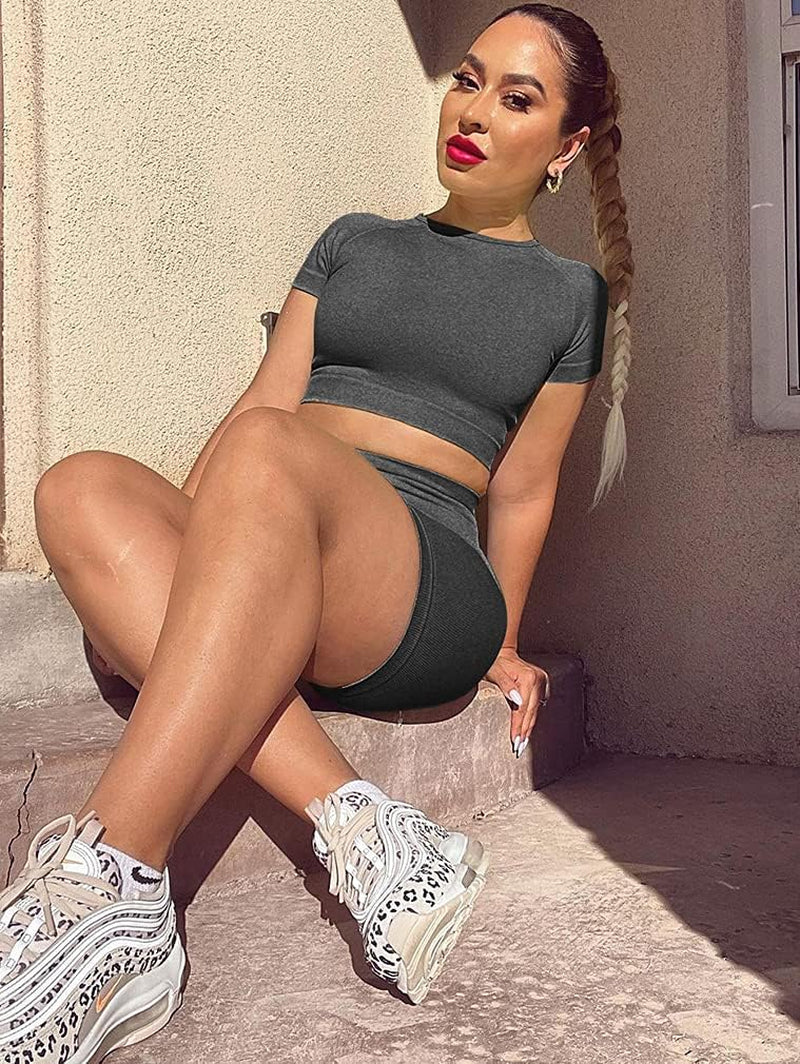 Women Workout 2 Piece Outfit Yoga Stretch Top Set High Waist Sport Shorts